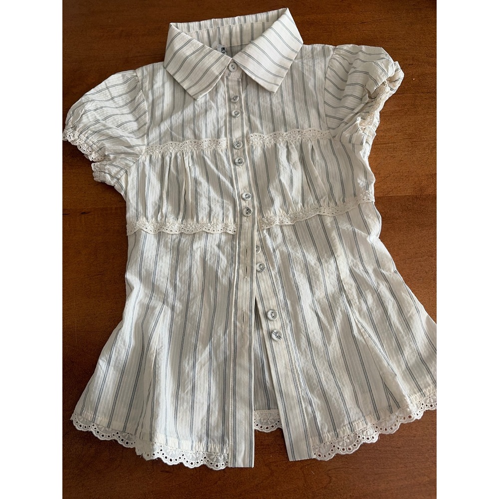 Cream and blue Striped Eyelet Lace Trim Cotton Blouse Short Puff with back  Tie